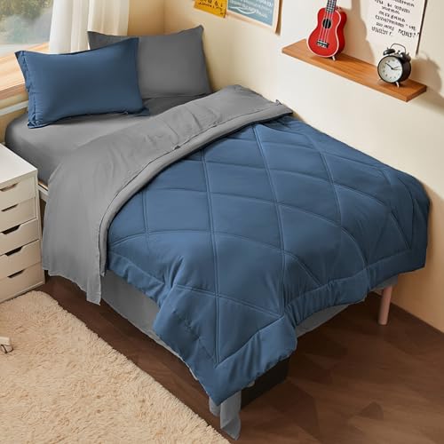 Joiedomi Twin Comforter Set with Sheets Navy Blue, 5 Pieces Twin Bedding Sets with 1 Down Alternative Comforter, 1 Flat Sheet, 1 Fitted Sheet, 1 Pillowcase and 1 Pillow Sham, Bed in a Bag All Seasons - color: Navy Blue, size: Twin