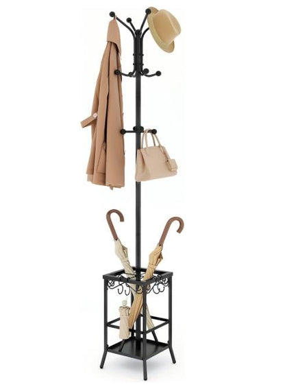 Hoctieon Coat Rack Freestanding, Coat Tree with Umbrella Holder, Metal Coat Rack Stand with 12 Hooks, Standing Coat Hanger Stand, Umbrella Stand for Entryway, Hat Rack Stand for Home Office, Black - color: Black