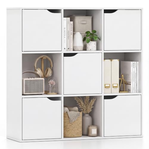 Giantex 9-Cube Storage Organizer, Storage Cabinet with 4 Open Cubes and 5 Cabinets, Freestanding Wooden Cubby Bookcase, Compartment Units for Home Office, 3-Tier Bookshelf for Books | Wooden Storage Cabinet, 4-Tier Freestanding Cubby Bookcase, Compartment