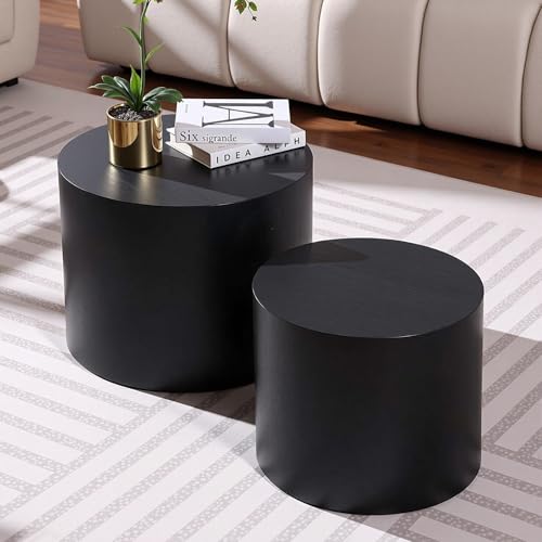Nesting Coffee Table Set of 2, Modern Round Coffee Table with Non-Slip Feet, Wooden Circle Accent Tables for Small Spaces Living Room Bedroom Balcony Office Drum Side Table (Black) - color: Black