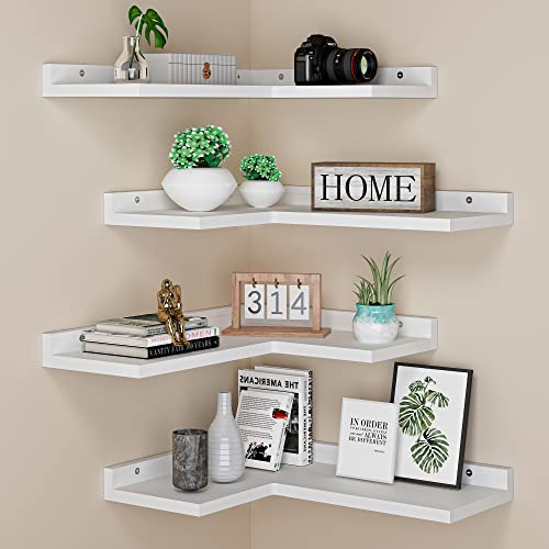 4 Tier Floating Corner Shelves White Set of 4, Rustic Pine Wooden Floating Corner Wall Shelf for Wall Décor Storage, L Shaped Corner Shelf Wall Mount for Bedroom, Living Room, Bathroom, Kitchen - color: White Floating Corner Shelves