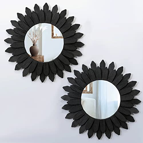 Boho Wall Decor Mirrors for Wall 2 Pack 12 inch Wood Decorative Mirror for Room Decor Rustic Farmhouse Mirror for Bedroom Bathroom Living Room Kitchen Black - color: Black, size: 12 inch (2 pack)