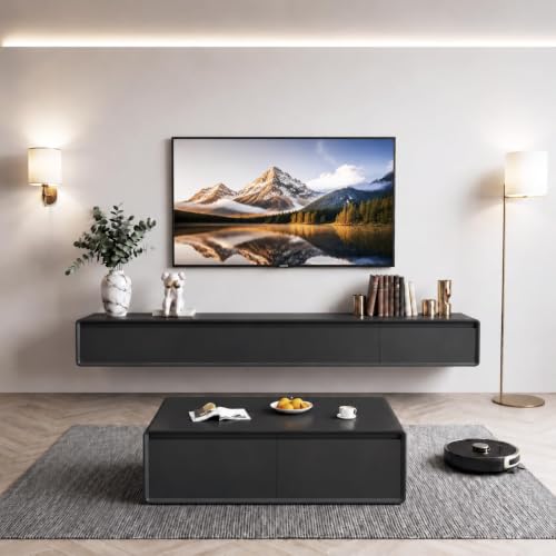 Floating TV Stand, Modern Wall-Mounted Entertainment Center with 2 Flip-Down Cabinet Doors 2 Drawers, Solid Wood Media Console (Black, 94.5") - color: Black, size: 94.5"