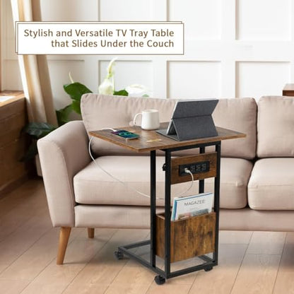 Hadulcet C Tables End Table Set of 2, C Shaped Side Table with Charging Station, Folding Table TV Trays for Eating, Couch Tables that Slide Under, Small End Table Snack Tables, Rustic Brown