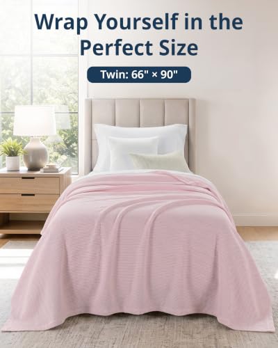 LANE LINEN 100% Cotton Blanket Twin Size - 300 GSM Waffle Blankets - Breathable, Lightweight & Durable - Premium Soft Blanket - Ideal for All Season Bedding & Sofa Throw - 66"x90" - Cherry Blossom - color: 02: Cherry Blossom, size: Twin