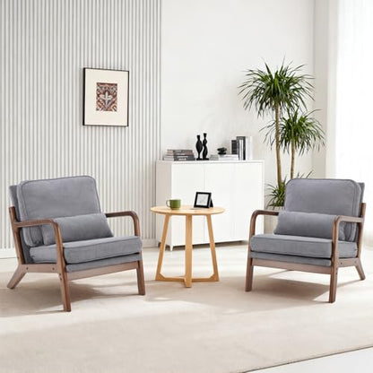 DUMOS Mid Century Accent Chairs Set of 2, 16'' Seat Height Lounge Chair | Upholstered Armchair with Waist Cushion and Wood Frame for Living Room, Bedroom, Reading Nook, Balcony, Light Grey - color: Light Grey, size: 2 Pack