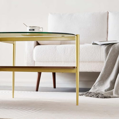 LumFurn Oval Glass Coffee Table, Surfboard Shaped Mid-Century Modern for Living Room, L43xW22xH17inch, Clear Glass and Walnut Finish Wood, Gold Finish Frame - color: Oval L43" Clear & Walnut