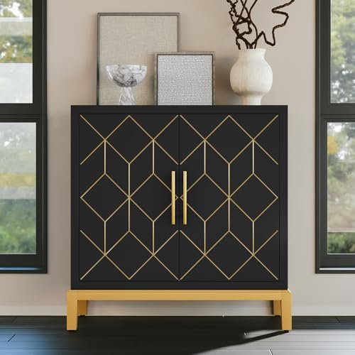 HLR Accent Cabinet with Gold Trim,Storage Cabinet with 2 Doors,Modern Wooden Sideboard for Living Room, Kitchen, Office and Hallway,Black - color: Black, size: 1piece