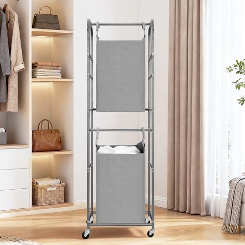 STORAGE MANIAC 2 Tier Vertical Laundry Hamper, 2 Section Laundry Sorter with 2 Removable Tote Bags, Rolling Clothes Basket for Towels, Blankets, Tall Dirty Clothes Hamper for Closet, 2 Bags Gray - size: 2 Section