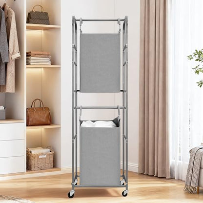 STORAGE MANIAC 2 Tier Vertical Laundry Hamper, 2 Section Laundry Sorter with 2 Removable Tote Bags, Rolling Clothes Basket for Towels, Blankets, Tall Dirty Clothes Hamper for Closet, 2 Bags Gray - size: 2 Section