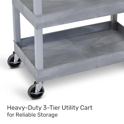 Tubstr 3-Tier Rolling Utility Cart with Wheels | Supports 300 lbs. Total | Heavy-Duty Capacity for Garage Storage, Office Spaces, & Kitchen Use | Durable Tool Cart with Locking Wheels (Gray, 32 x 18) - color: Gray