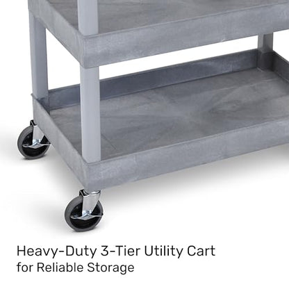 Tubstr 3-Tier Rolling Utility Cart with Wheels | Supports 300 lbs. Total | Heavy-Duty Capacity for Garage Storage, Office Spaces, & Kitchen Use | Durable Tool Cart with Locking Wheels (Gray, 32 x 18) - color: Gray