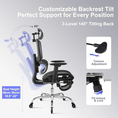 Office Chair with Footrest, Ergonomic Chair with Neck Pillow & Rubber Wheels, Computer Chair with Adjustable Backrest & 3D Armrests Headrest, Gaming Chair Adaptive Lumbar Support, Black - color: Black, style: Pro