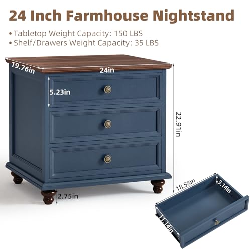 Joaxswe 24" Wide Farmhouse Night Stand,Large End Table with 3 Drawers & Metal Handle,Blue Wood Dresser for Bedroom Cabinet, Bed Side Tabl·e Chest of Drawers,Nightstand for Living Room,Close - color: Blue, size: 24"W (3 Drawers)