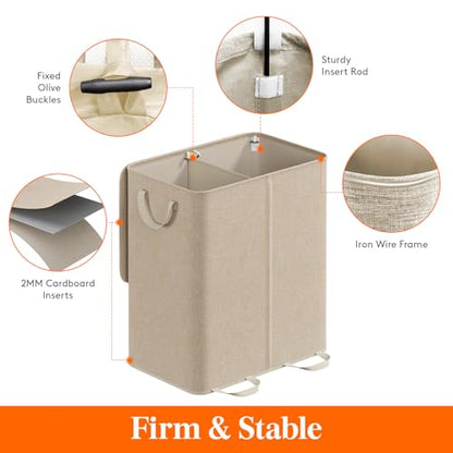 Lifewit Double Laundry Hamper with Lid and Removable Laundry Bags, Large Collapsible 2 Dividers Dirty Clothes Basket with Handles for Bedroom Laundry Room Closet Bathroom College, 155L Beige - color: Beige, size: 155L