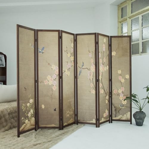 6 Panel Bamboo Room Divider, Freestanding Folding Privacy Screen | 5.6 ft Bamboo Print Screen, Divider for Room Separation, Foldable Panel Screen, Double-Sided Colourful Plum Design - color: Colourful Plum, size: 6 Panel