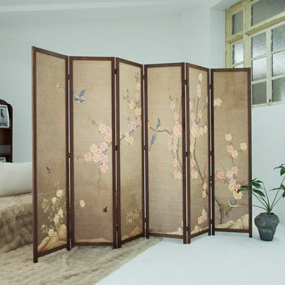 6 Panel Bamboo Room Divider, Freestanding Folding Privacy Screen | 5.6 ft Bamboo Print Screen, Divider for Room Separation, Foldable Panel Screen, Double-Sided Colourful Plum Design - color: Colourful Plum, size: 6 Panel