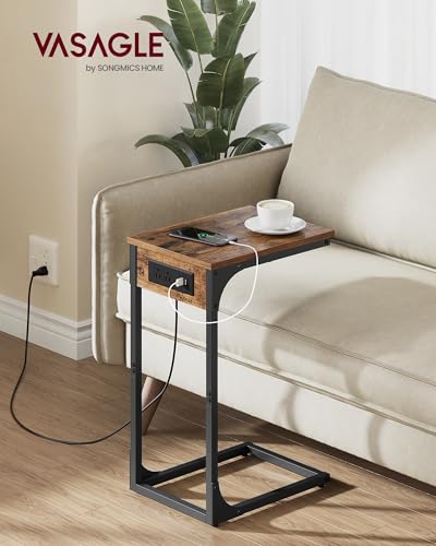 VASAGLE C-Shaped Side Table with Charging Station, 2 USB Ports and Outlets | End Table, C Table for Couch, Sofa, Adjustable Feet, for Bedroom, Living Room, Rustic Brown, BARNET Collection ULET362K01 - color: Rustic Brown + Ink Black