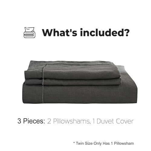 Simple&Opulence 100% Washed Linen Duvet Cover Set with Embroidered,3 Pieces Soft Farmhouse Comforter Set with Button Closure,1 Duvet Cover and 2 Pillowshams(Full,Dark Grey) - color: Embroidery Dark Grey, size: Full