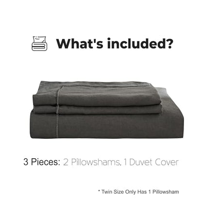 Simple&Opulence 100% Washed Linen Duvet Cover Set with Embroidered,3 Pieces Soft Farmhouse Comforter Set with Button Closure,1 Duvet Cover and 2 Pillowshams(Full,Dark Grey) - color: Embroidery Dark Grey, size: Full