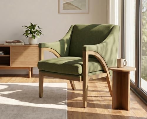 EALSON Modern Accent Chair Comfy Living Room Chair with Wooden Frame and Armrest Mid Century Upholstered Fabric Reading Lounge Armchair for Living Room/Bedroom/Reading/Balcony, Chenille Green - color: Green, size: Set of 1