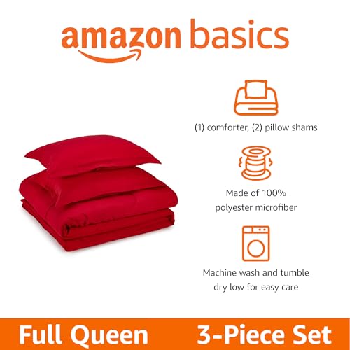 Amazon Basics 3-Piece Soft Microfiber Kids' Comforter and Pillow Sham Set, Full/Queen, Red, Solid - color: Red, size: Full/Queen