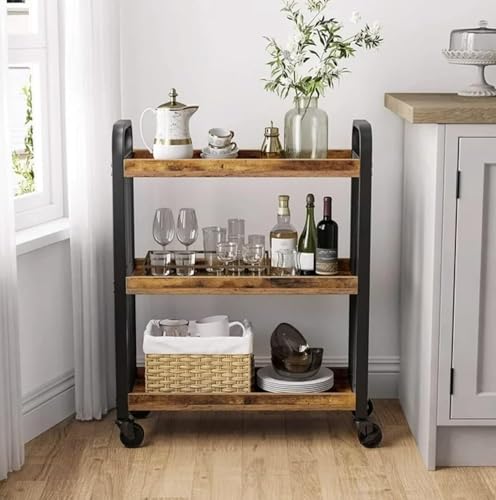 HYGRAD BUILT TO SURVIVE 3-Tier Wooden/Metal Industrial Style Rustic Narrow Rolling Cart with Wheels - Kitchen Serving Cart, Utility Storage Trolley Shelves for Small Spaces Office, Home