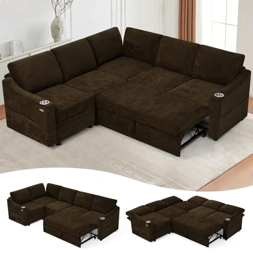 84" L-Shape Sectional Sofa Bed w/Adjustable Backrests, Brown | Chenille Upholstered Pull Out Sofa Bed w/USB Ports, Convertible Corner Sleeper Couch w/Storage Space for Living Room, - color: Brown, style: L-Shape