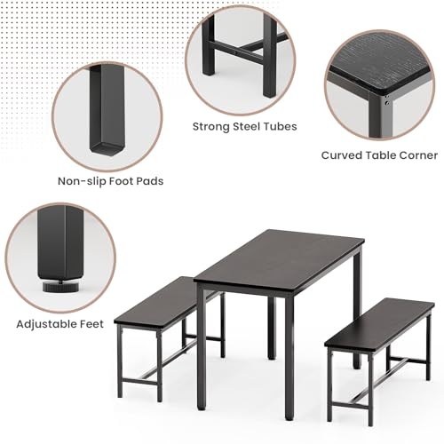 Dining Table Set for 4, Kitchen Table with 2 Benchs, Black | Modern Functional 3 Piece Space-Saving Dining Room Table Set for Apartment, Breakfast Nook, Small Space - color: Black