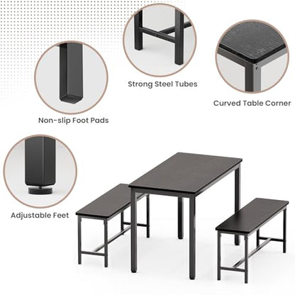 Dining Table Set for 4, Kitchen Table with 2 Benchs, Black | Modern Functional 3 Piece Space-Saving Dining Room Table Set for Apartment, Breakfast Nook, Small Space - color: Black