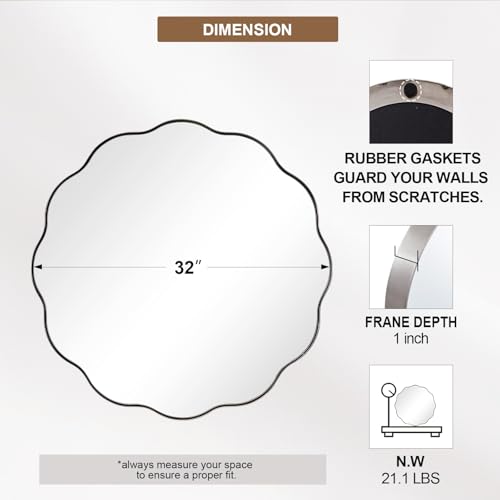 Brushed Nickel Round Bathroom Mirror, 32 Inch Circle Mirror in Stainless Steel Metal Frame, Large Silver Round Vanity Mirror with Unique Wavy Design - color: Brushed Nickel, size: 32"L x 32"W