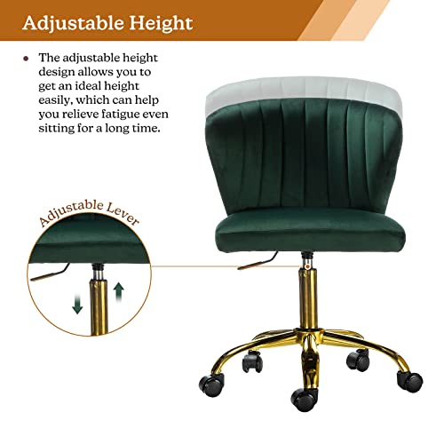TINA'S HOME Office Desk Chairs with Wheels & Gold Base, Modern Velvet Cute Armless Office Chair, Adjustable Low Back Swivel Rolling Chair, Upholstered Task Chair for Living Room Vanity Study-Green | Modern Velvet Cute Armless Office Chair, Adjustable Low