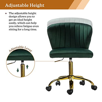 TINA'S HOME Office Desk Chairs with Wheels & Gold Base, Modern Velvet Cute Armless Office Chair, Adjustable Low Back Swivel Rolling Chair, Upholstered Task Chair for Living Room Vanity Study-Green | Modern Velvet Cute Armless Office Chair, Adjustable Low