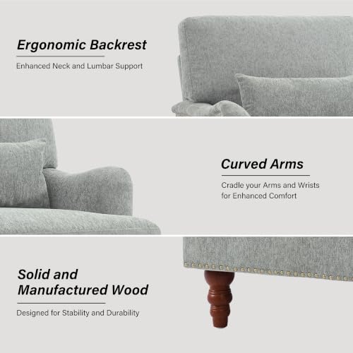 Mid-Century Modern Accent Chair with Lumbar Pillow, Light Grey, 2 Pack | Upholstered Chenille Armchair, Solid Wood Frame & Legs, Comfy Reading Lounge Sofa for Living Room Bedroom, & Small Spaces - color: Chenille Light Grey, size: 2 Seat
