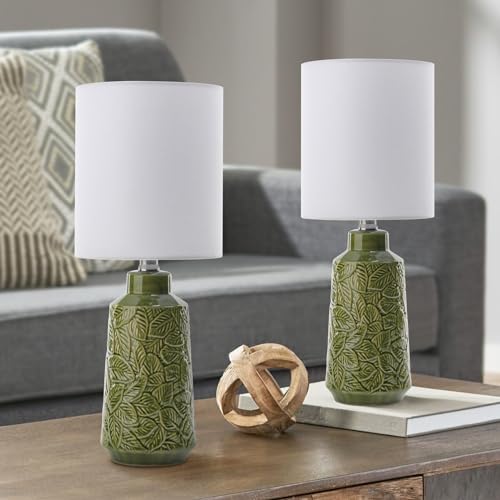 17.75" Green Ceramic Table Lamp Set of 2, Modern Leaf Relief Nightstand Lamps with White Shade, Rustic Green Lamps for Bedroom, Living Room, Side Table & Office
