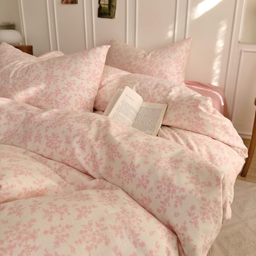 Pink Floral Duvet Cover Full Size Cotton Double Gauze Comforter Cover Full Zipper Pattern Boho Cute Duvet Cover Set with 2 Pillow Cases Vintage Girls Bedding Set Farmhouse Duvet Protector - color: C Floral04, size: Full(Duvet Cover and 2 Pillows Sham)