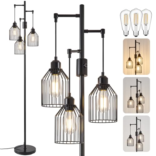 Dimmable Industrial Floor Lamp with 3 Cage Heads, 68.5" Black Tree Standing Lamp with Stepless Dimming, Modern Farmhouse Tall Pole Light for Living Room, Bedroom, Office, E26 Base (Bulbs Included) - color: Black