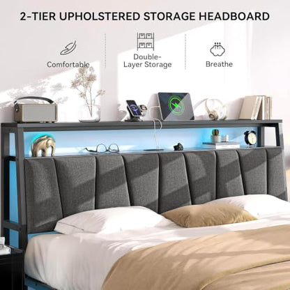 FreeHouse King Size Bed Frame with Storage Headboard & 3 Drawers, Grey | Upholstered King Bed Frame with Charging Station & LED Lights,Fabric Drawers, Metal Slats, No Box Spring Needed Noise-Free - color: Grey, size: King