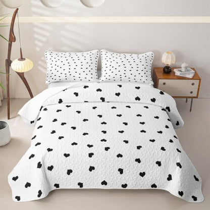 Sweet Heart Kids Quilt Set Full Size,Romantic Quilted Bedspread,Princess Style Quilted Coverlet with 2 Pillow Sham,Black White Bed Covers for All Season - color: Black White, size: Full