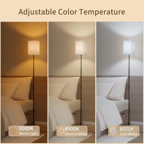 63.8" Square Floor Lamp with White Fabric Shade | Dimmable with Remote and Foot Switch, 3 Color Temperatures, 9W LED Bulb Included, Ideal for Living Room, Bedroom or Office - color: White