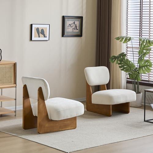Christopher Knight Home Mores Low Profile Accent Chair Set of 2, Modern Living Room Armless Lounge Chair, Fabric Comfy Reading Chair for Bedroom, Wooden Frame and Thick Padded Seat, Beige + Natural - color: Beige + Natural