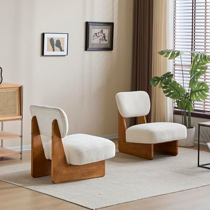 Christopher Knight Home Mores Low Profile Accent Chair Set of 2, Modern Living Room Armless Lounge Chair, Fabric Comfy Reading Chair for Bedroom, Wooden Frame and Thick Padded Seat, Beige + Natural - color: Beige + Natural
