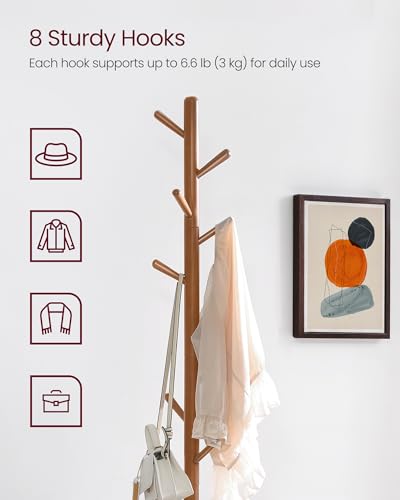VASAGLE Solid Wood Coat Rack, Free Standing Hall Coat Tree with 8 Hooks, 3 Height Options, for Coats, Hats, Bags, Purses, for Entryway, Hallway, Rubberwood Hooks and Pole, Dark Walnut URCR010W01 - color: Dark Walnut, style: Square Base + Cylindrical Hooks