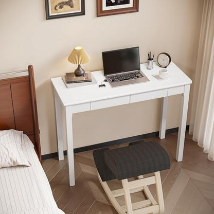 Solid Wood Desk with Drawers - 39 x 16 Inch Narrow Desks, Mid Century Modern Desks, Rubber Wood Study Table, Small Writing Desk for Small Spaces|Bedroom - White - color: White, size: 39.4 in W x 15.7 in D