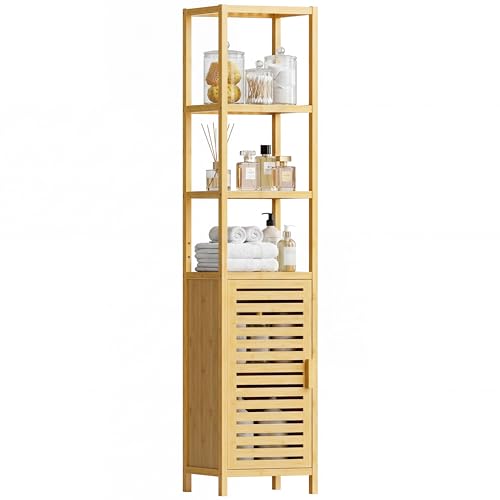 HITNET Bathroom Floor Cabinet, 6 Tier Tall Thin Linen Tower Storage Cabinet Free Standing Bamboo, Kitchen Side Organizer with 3 Shelves and Cupboard, Natural - color: Natural