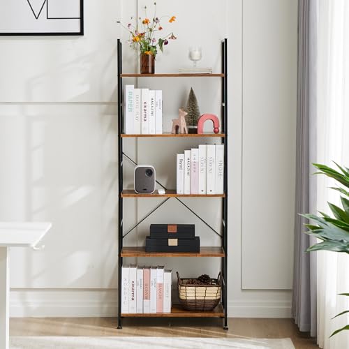 DUMOS 5 Tiers Bookshelf, Classical Modern Book Shelf, Tall Display Shelves in Living Room/Home/Office, Storage Organizer for CDs/Books/Movies, Rustic Brown | Tall Display Shelves in Living Room/Home/Office, Storage Organizer for CDs/Books/Movies, Rustic B