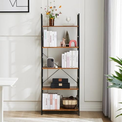 DUMOS 5 Tiers Bookshelf, Classical Modern Book Shelf, Tall Display Shelves in Living Room/Home/Office, Storage Organizer for CDs/Books/Movies, Rustic Brown | Tall Display Shelves in Living Room/Home/Office, Storage Organizer for CDs/Books/Movies, Rustic B