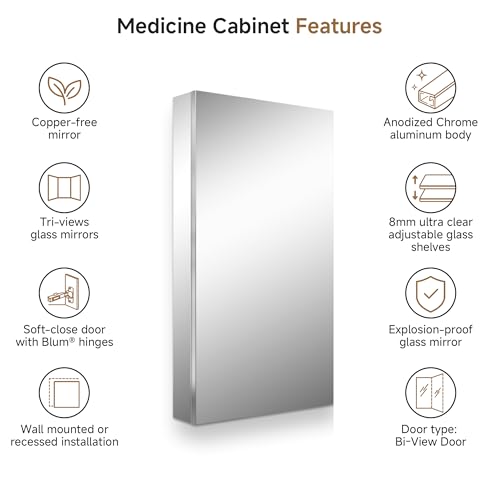 20" x 36" Bathroom Medicine Cabinet with Mirror, Recessed or Wall Mount | Medicine Cabinets with Adjustable Glass Shelves, Soft-Closed Hinge, Chrome Aluminum Frame, Reverse Installation - size: 20" x 36"