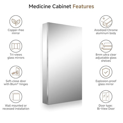 20" x 36" Bathroom Medicine Cabinet with Mirror, Recessed or Wall Mount | Medicine Cabinets with Adjustable Glass Shelves, Soft-Closed Hinge, Chrome Aluminum Frame, Reverse Installation - size: 20" x 36"