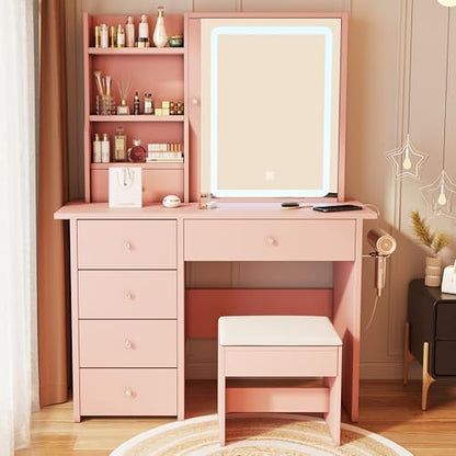 Vanity Desk with Mirror and LED Lights, Makeup Vanity Set with Power Outlet, and Stool,Jewelry Storage,Pink Vanity Desk for Bedroom - style: Pink